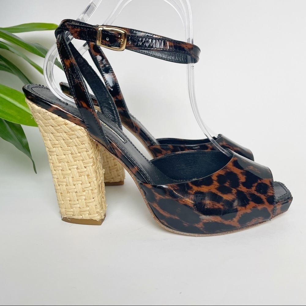 Vía Spiga Straw Block Heel Leopard Patent Leather Heels 7.5